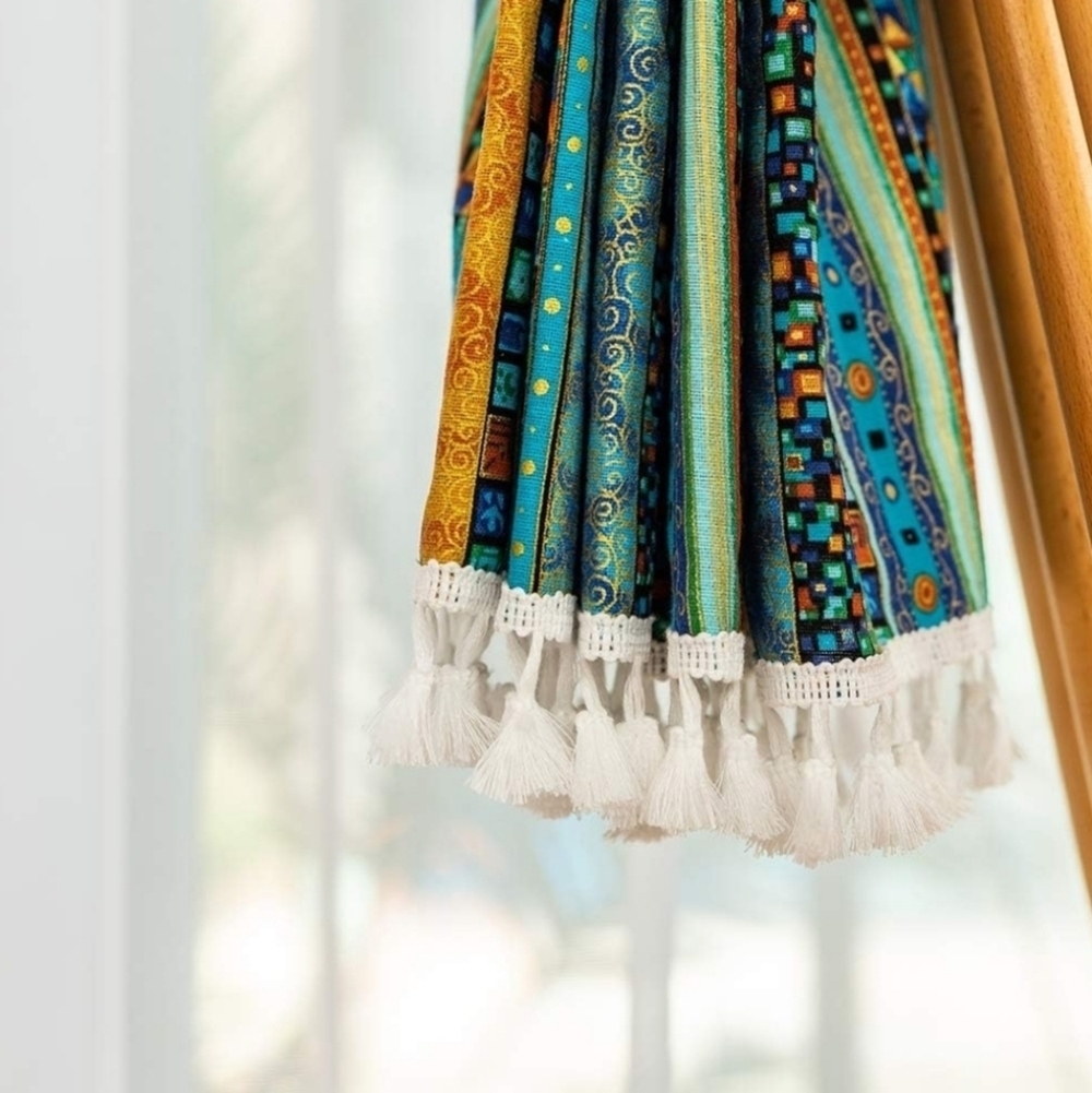 Blue & yellow stripe bohemian linen blend curtain panels (2) - Picture 3 of 7